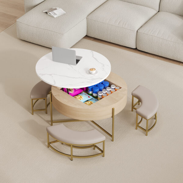 Modern Round Lift-Top Coffee Table with Storage & 3 Ottoman White & Natural