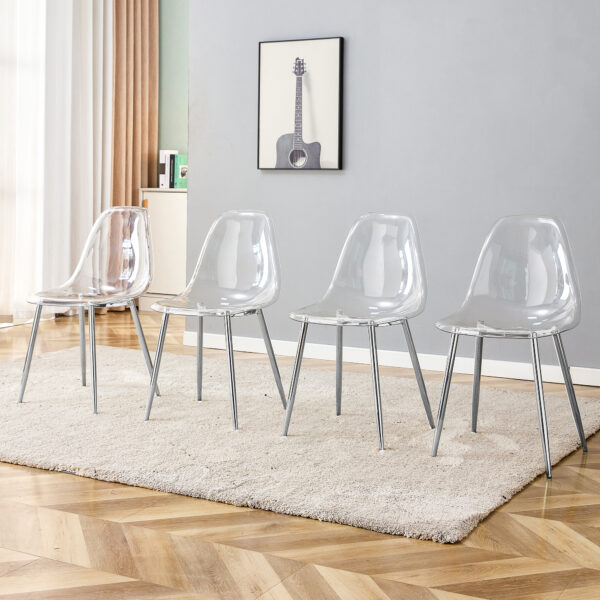 7be613318efa47b68d8daed5170b21cb_20230807_2686702b569ba90d042574a2f5c4c756 Modern minimalist transparent dining chair, plastic chair, armless crystal chair, Nordic creative makeup stool, negotiation chair, silver plated metal leg 6-piece set, TW-1200