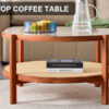Modern minimalist circular double-layer solid wood coffee table, craft glass tabletop, second layer material: PE rattan, solid wood frame. 34.6 '* 34.6' * 17.7''