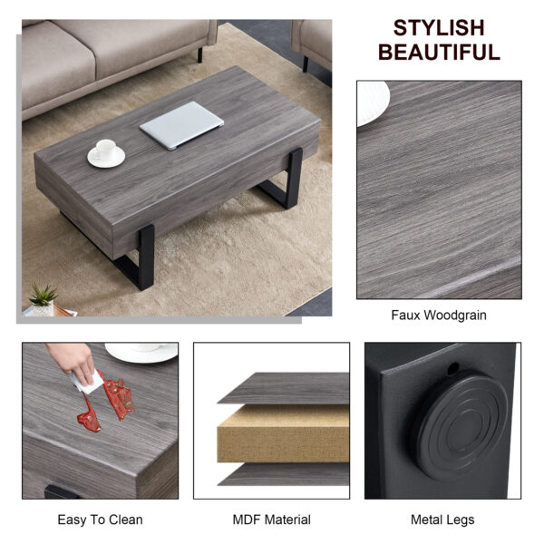 7c047a4263254dcf9da290fad8c941d7_20240122_86d01ce607adce7ed4869ecb7550799b A rustic gray wood grain MDF coffee table with black metal legs - an elegant space in natural wood tones