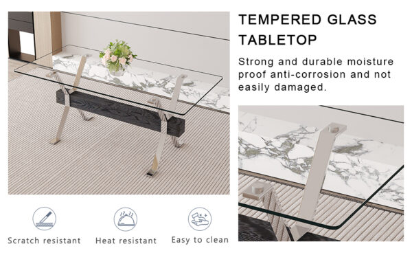 7c0d61b5ab2249549a82b91dafa50677_d619e212620421975a46fbc2ed2f4f63 Dining table. Modern tempered glass dining table. Large modern office desk with silver plated metal legs and black MDF crossbars, suitable for both home and office use. Kitchen. 71 ''x35.4''x30 ''