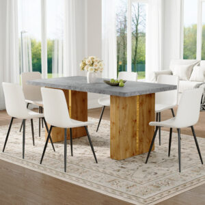 Table and chair set.Cozy Modern MDF Dining Set -67"x35.4" with 6 White  Artificial Leather Chairs With Curved Widened Cushion Design.Suitable for restaurants, kitchens, dining rooms,etc.