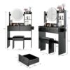 17" Round LED Mirror Vanity Table+Cushioned Stool, Equipped With 2 AC+2 USB Power Socket, Big Mirror, Touch Switch, 3 Colors, Adjustable Brightness, Large Desktop, Multi-layer High Capacity Storage