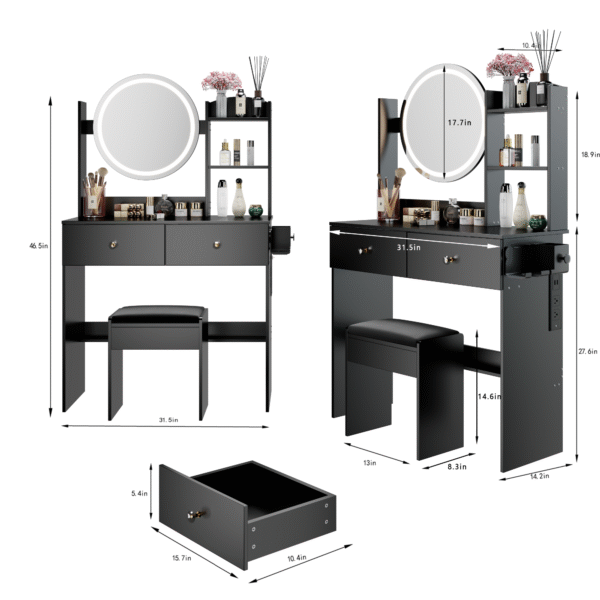 17" Round LED Mirror Vanity Table+Cushioned Stool, Equipped With 2 AC+2 USB Power Socket, Big Mirror, Touch Switch, 3 Colors, Adjustable Brightness, Large Desktop, Multi-layer High Capacity Storage