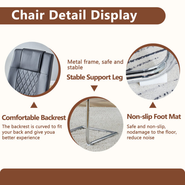 7c2e28e7429b479e9225a91161768977_4e4af960857f2a77597038ac65b1eb10 Table and chair set.63"x31.5x30" Luxurious Snow Mountain Patterned Sintered Stone Table with Silver Stainless Steel Butterfly Legs.Paried With 6 Black High-quality PU Chairs With Arched Metal Legs.