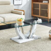 Modern minimalist transparent tempered glass coffee table with marble patterned MDF legs and stainless steel decorative columns. Computer desk. Game table. CT-907