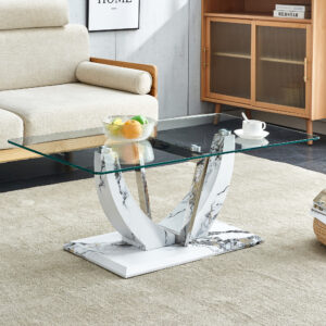 Modern minimalist transparent tempered glass coffee table with marble patterned MDF legs and stainless steel decorative columns. Computer desk. Game table. CT-907