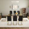 Table and chair set.71 * 35.4 inch rectangular dining table.Tempered Glass Tabletop,Golden 7-shaped Metal Table Legs.Paried With 8 Black High-quality PU Chairs With Arched Metal Legs.W1151S03301