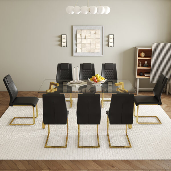 7c3b3b211af942cf99ce7d8af1c2a25d_b5808530c01b61e40c3cb297ca217ffb Table and chair set.71 * 35.4 inch rectangular dining table.Tempered Glass Tabletop,Golden 7-shaped Metal Table Legs.Paried With 8 Black High-quality PU Chairs With Arched Metal Legs.W1151S03301