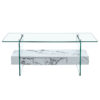 43.3 Inch Modern Two-Tier Coffee Table - Clear Tempered Glass and White Marble Texture, Multifunctional Storage Design.The bottom tier includes a drawer.Can be used as a coffee table,side table,etc.