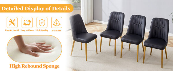 7c561d20c40146a48af2b5f74f6a71c4_e1b97423e536f6b3c9176052027d47fd Table and chair set.Luxurious Style Tempered Glass Dining Set-71"x35.4"with 8 Black PU Chairs with Simple Line Designs On The Backrest .Golden Metal Legs.Tempered Glass Top With White Texture sticker.
