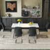 Table and chair set.63*31.4 Inch Luxurious Cold Jade Sintered Stone Dining Table Set - 6 Black High-quality PU Chairs With Arched Silver Metal Legs.Perfect For Dinner Room,Meeting Room,Kitchen,etc.