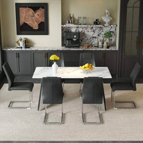 7c9b0336e803411db660e09db69287a5_39964e625810cc8573c5a83f569f4008 Table and chair set.63*31.4 Inch Luxurious Cold Jade Sintered Stone Dining Table Set - 6 Black High-quality PU Chairs With Arched Silver Metal Legs.Perfect For Dinner Room,Meeting Room,Kitchen,etc.