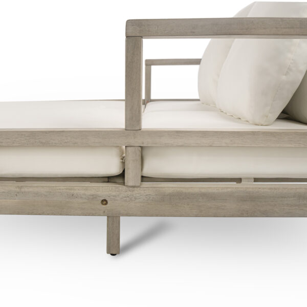 TREXM Outdoor Daybed, Patio Daybed with Four Pillows, Wooden Outdoor Bed with Curved Armrests for Poolside, Backyard, Garden (Gray+Beige Cushion)