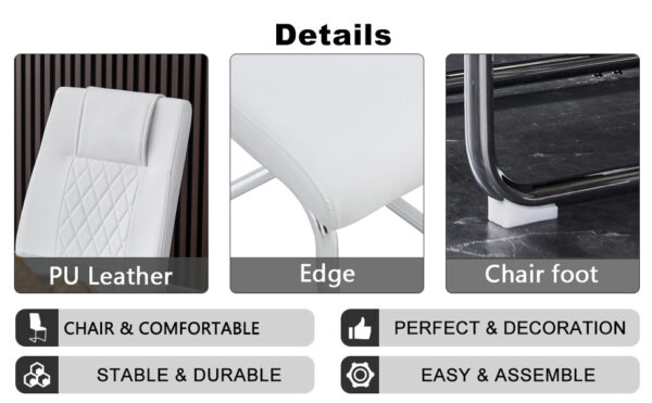 7cdfea8a89ee44188b0c6cd0f683550f_696497e7848be05f4ad680ff824b6312 Table and chair set.Modern Luxurious white Marble-Patterned Tempered Glass Dining Table with 6 Chairs.Single fork silver metal table legs.White high-quality PU dining chairs with silver metal legs.