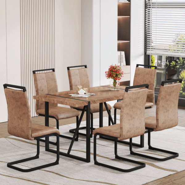 Table and chair set.A retro rectangular dining table with a wood color fishbone textured top and black metal legs.Paired With 6 Brown technology fabric chairs with Featuring arched black legs.