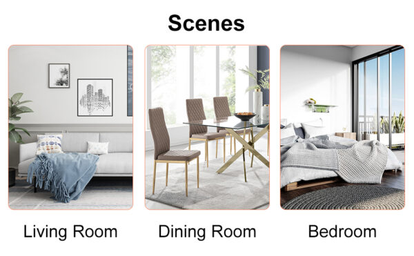 7cfd399775eb43108384a77bd9c3309f_3bc46d5bb73adac3b20199ad06db162b Table and chair set.Elegant Transparent Tempered Glass Dining Set - 71"x35.4" with 8 Light Gray PU Chairs with golden C-tube metal leg.X-shaped Golden Metal Table Legs,Black Textured MDF Crossbeam.