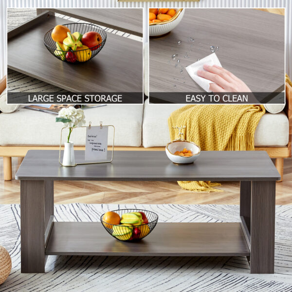 7d06e79af2c742e381f2e9bf8fd5d31d_20231011_32c119346c0de8df0ee3e7c9c42f9269 A modern and practical gray textured coffee table,tea table.Double layered coffee table made of MDF material,. Suitable for living room,bedroom and study room. 43.3"*21.6"*16.5" CT-16