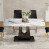 Table and chair set, modern and minimalist dining table, imitation marble patterned tabletop, MDF legs with U-shaped brackets. Paired with comfortable chairs, suitable for dining and living rooms.