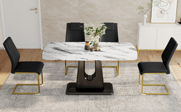 Table and chair set, modern and minimalist dining table, imitation marble patterned tabletop, MDF legs with U-shaped brackets. Paired with comfortable chairs, suitable for dining and living rooms.