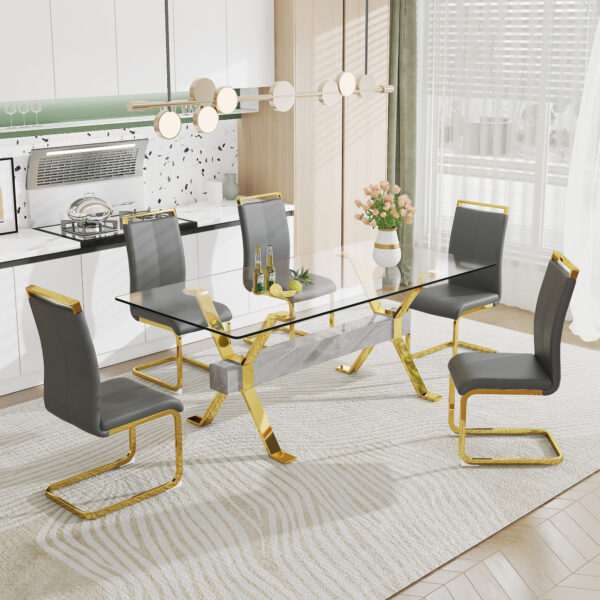 7d1c181a3df94e81b08c669d15cd7193_20230821_1c3eb4ce6b4a9bf79a76b5172c8db07b Dining table. Modern tempered glass dining table. Large modern office desk with gold plated metal legs and MDF crossbars, suitable for both home and office use. Kitchen. 79 ''x39''x30 '' 1105