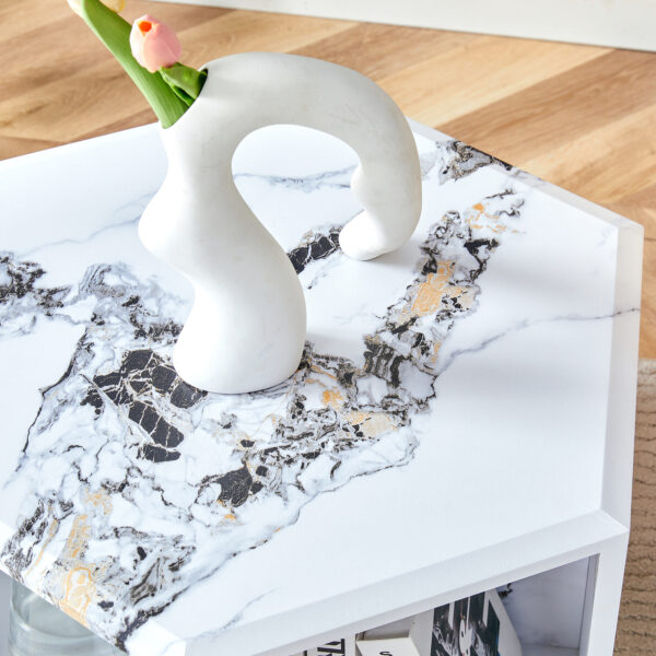 7d36184a674a4a7fa4e87dd8d2821dd5_36e9a305772a23646e7d9feb97c769ff Hexagonal MDF coffee table, characteristic pattern stickers, multi-hole design to give more storage space, simple and convenient design makes it suitable for all kinds of style scenes.