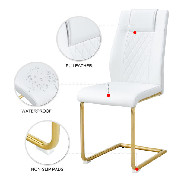 Modern dining chairs, dining room chairs, and golden leg cushioned chairs made of artificial leather, suitable for kitchens, living rooms, bedrooms, and offices. Set of 6 pieces (white+PU )C-001