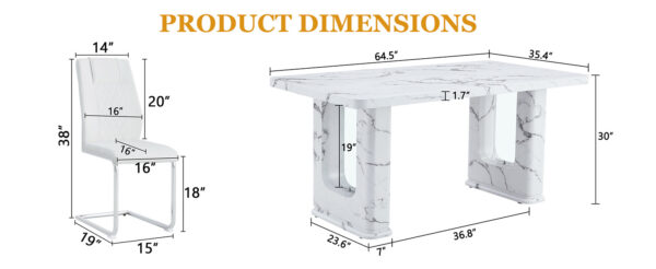 7d5d30405ecd44d9899a2d6a1d8bcb5d_a8fb4f86f8395a96becc38ac2ca9f4a0 Table and chair set.64.5 x 35.4 Inch Stylish White Marble Textured Dining Table,Perfectly Blending Simplicity And Transparency.Paried With 6 White High-quality PU Chairs With Arched Silver Metal Legs.