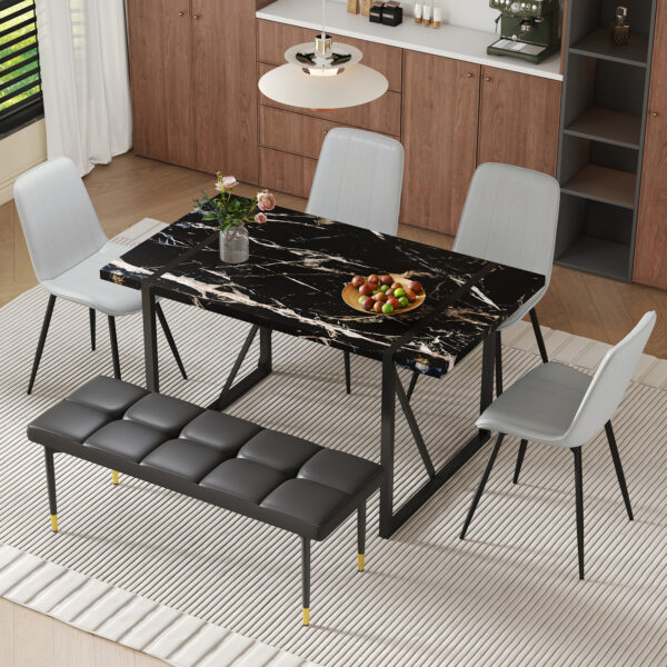 7d637a817f9947d6a4e9b63e5cc055eb_d8055ed50e95b4dc431a3f30a198a48e Table and chair set.Modern Black Marble Pattern MDF Dining Table Set - 55"x31.4" with 4 Extended Seat Cushion PU Dining Chairs and 1 Bench,A Choice of Subtle Luxury for Modern Homes.