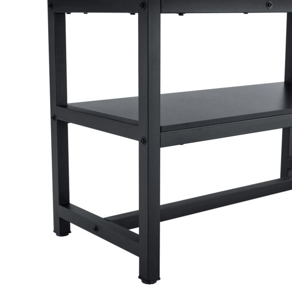 Table and chair set.71*35.4 inch White And Black Spliced Dining Table With Storage Function In The Middle Of The Table Legs.Paired With 8 Light Gray Linen Dining Chairs With Curved Widened Cushion.