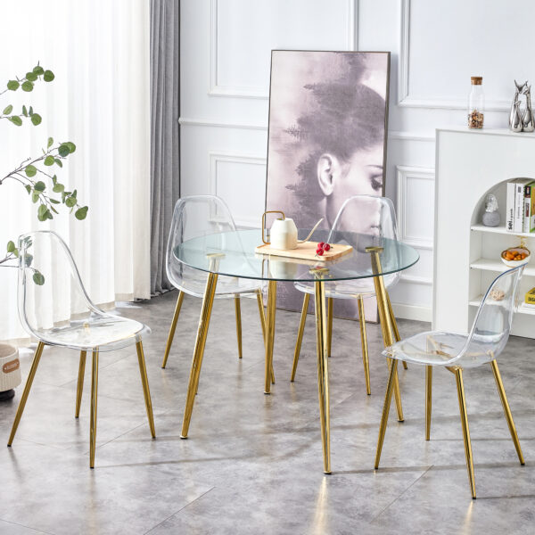 A glass tabletop with a diameter of 40 inches and a modern minimalist circular dining table with gold plated metal legs. 40 '* 40' * 30 ' DT-1164