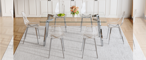 7d7bca6a6a4d46c88576042ba64cb39b_620578983c6b96260d862052072248ac Table and chair set.71 * 35.4 inch rectangular dining table.Tempered Glass Tabletop,Silver 7-shaped Metal Table Legs.Paried With 6 Transparent Plastic Dining Chair with Silver Metal Legs.