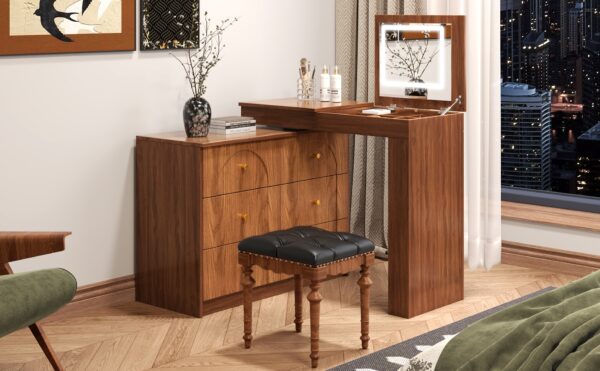 Vanity Desk with Mirror and Lights, Makeup Vanity Table with Flip-Top Tabletop and Storage 7 Drawers, 9 Compartments, 3 Shelves, 3 Color Modes Adjustable Makeup Table for Bedroom, Walnut