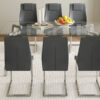 Table and chair set.71 * 35.4 inch rectangular dining table.Tempered Glass Tabletop,Silver 7-shaped Metal Table Legs.Paried With 8 Dark Gray High-quality PU Chairs With Arched Metal Legs.