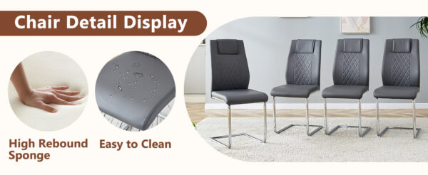 7dabec1604f748a5932ca0313efddb91_de7de5fa8ba509da661ea5b6ed2b193d Table and chair set.63"x31.5x30" Luxurious Snow Mountain Patterned Sintered Stone Table with Silver Metal Butterfly Legs.Paried With 4 Dark Gray High-quality PU Chairs With Arched Metal Legs.