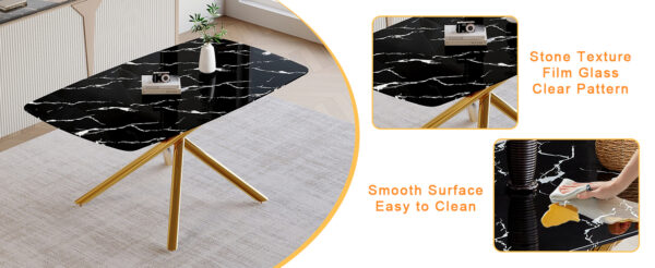 7db259036bc44fdebc76878c7c0052ac_bd6d9650b73c09810fbbc2b21fa120a7 63"x35.4" Luxurious Black Marble-Patterned Tempered Glass Dining Table.Single Fork Golden Metal Table Legs.Tempered Glass Table Top,Golden Metal Leg.Make it Adaptable To Various Decoration Styles.