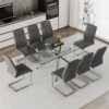 Table and chair set.Modern Luxurious Transparent Tempered Glass Dining Table Set with 8 Chairs.Single fork silver metal table legs.Dark gray high-quality PU dining chairs with silver metal legs.