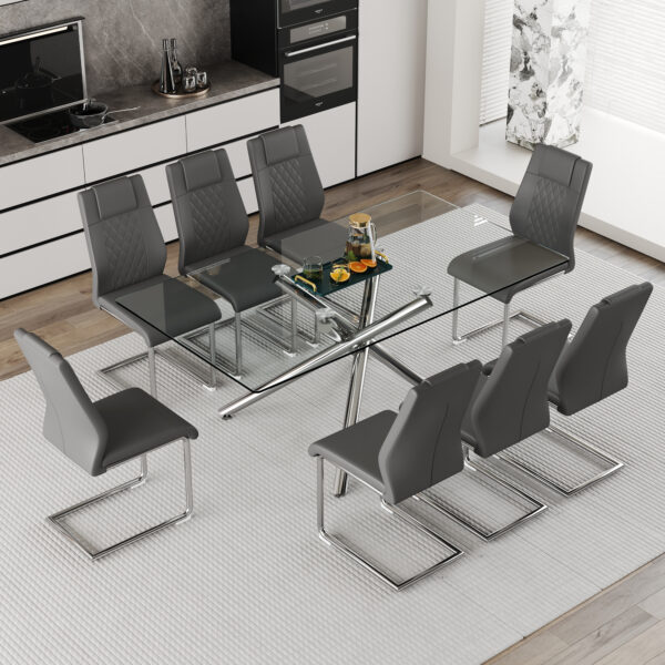 7dbb7dee2e50418faa05327754db6480_f993d2a3a4e6b22350ff7ae59b244ab8 Table and chair set.Modern Luxurious Transparent Tempered Glass Dining Table Set with 8 Chairs.Single fork silver metal table legs.Dark gray high-quality PU dining chairs with silver metal legs.