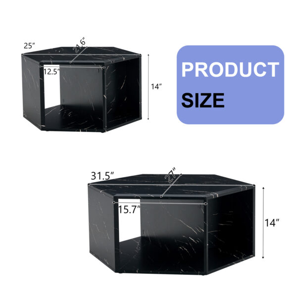 7df2d9c5c9db4e34a4fff27faca10320_670564a2fb3976642504a6081fe26390 Modern Minimalist Black Hexagonal Coffee Table Set.Hexagonal MDF coffee table, characteristic pattern stickers, multi-hole design to give more storage space.Two coffee tables of different sizes.