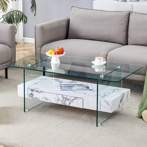 7df88d3224ba49bea7bd11b39e56d99a_3b9f614dba3b9c0fc699c0ddc4242297 43.3 Inch Modern Two-Tier Coffee Table - Clear Tempered Glass and White Marble Texture, Multifunctional Storage Design.The bottom tier includes a drawer.Can be used as a coffee table,side table,etc.