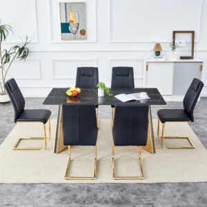 Table and chair set.63"x31.5x30"Black Texture With Lines Patterned Sintered Stone Table with Golden Stainless Steel Butterfly Legs.Paried With 6 Black High-quality PU Chairs With Golden Metal Legs.