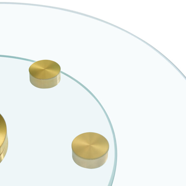 7e20b38aee084353b8f8765b18701ded_b1e344528169eae8935fcf3202d6a8a6 Double layer rotatable round glass.Golden aluminum plate,The rotatable design makes it convenient to retrieve and place items.The upper glass has a diameter of 24 inches, the lower glass15 inches.