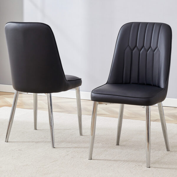 7e309a8287094b71b7c98ed014795fe4_d493c6344ed262deb2222fe301176d13 2 modern dining chairs, smooth PU leather backrest and silver-toned metal legs for a comfortable home experience for kitchens, bedrooms and offices.