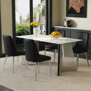 Table and chair set.63*31.4 Inch Luxurious Cold Jade Sintered Stone Dining Table Set - 4 Black Chairs With Silver Metal Legs.Modern Light Luxury.Perfect For Dinner Room,Meeting Room,Kitchen,etc.