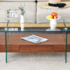 43.3 Inch Modern Two-Tier Coffee Table - Clear Tempered Glass and Dark Wood Grain, Multifunctional Storage Design.The bottom tier includes a drawer.Can be used as a coffee table,side table,etc.
