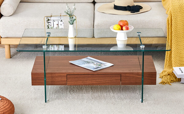 43.3 Inch Modern Two-Tier Coffee Table - Clear Tempered Glass and Dark Wood Grain, Multifunctional Storage Design.The bottom tier includes a drawer.Can be used as a coffee table,side table,etc.