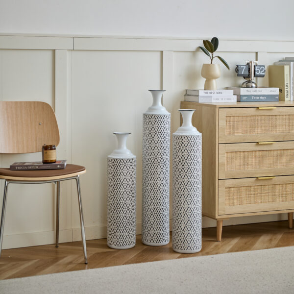 7e52a75611b34c5d935dec730d4d0777_0e698bf203b1a8a8478ce926691a9129 Floor Metal Vases Decorated White Metal vases Set of 3 gorgeous home decoration large glazed metal vases 24in/28.7in/33.5in height