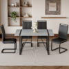 Table and chair set. Modern minimalist grey marble textured MDF dining table with metal frame.Paired with 4 black PU chairs with Black Featuring arched black legs.