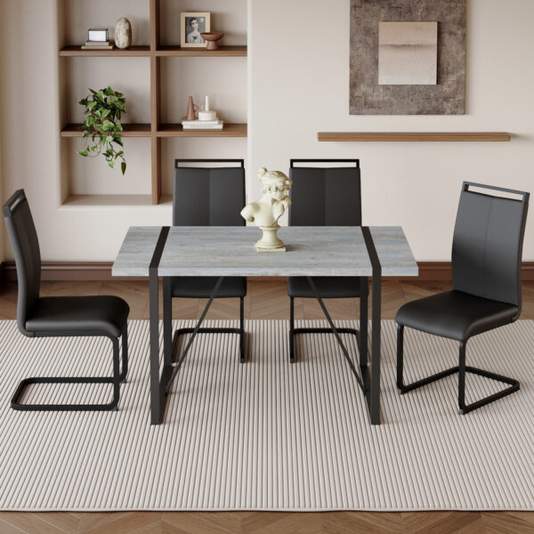 7e601d574e864ba79be9eef2d1e9ef5d_141eadd9596928692025b0ff517559fe Table and chair set. Modern minimalist grey marble textured MDF dining table with metal frame.Paired with 4 black PU chairs with Black Featuring arched black legs.