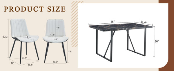 7e863380c89145889e1d1fb513f8ca11_2e48f29591458d60303d2bb653cad6ea Table and chair set.Modern Black Marble Pattern MDF Dining Table Set - 55"x31.4" with 4 Extended Seat Cushion PU Dining Chairs.White and Black Splicing Colors Cushion.Iron Pipe Spraying Chair Legs.